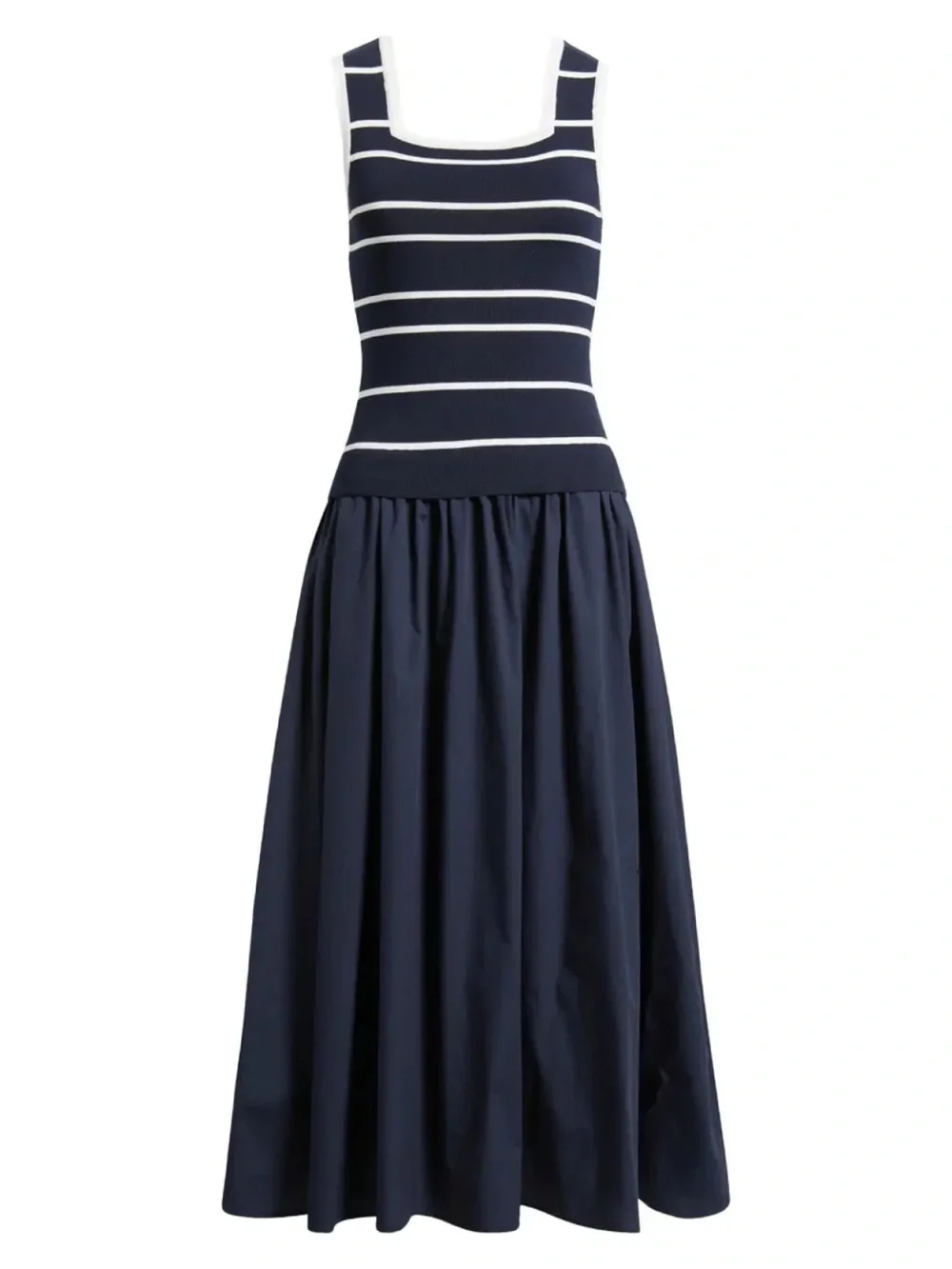 Zoe and Claire Mixed Media Sleeveless Midi Dress in Navy Blue and White - Picture 10 of 11
